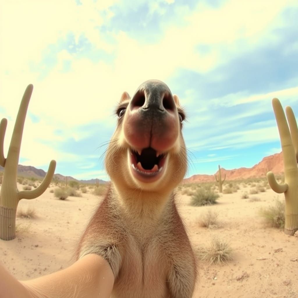 Awkward Aardvark Selfie in Desert Cartoon