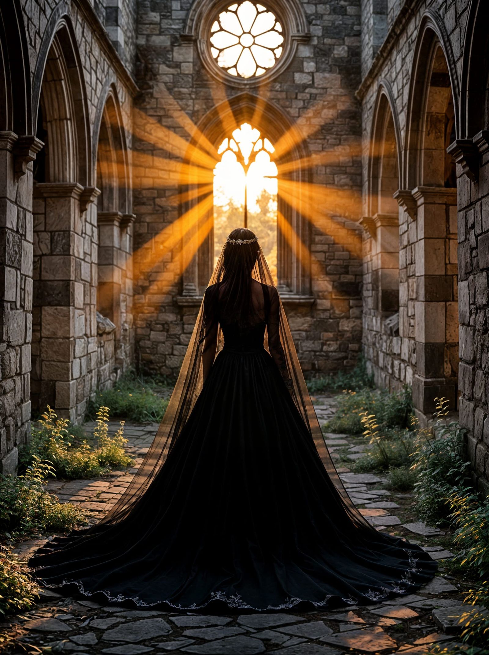 Bride in Black Dress at Sunset Church Ruins