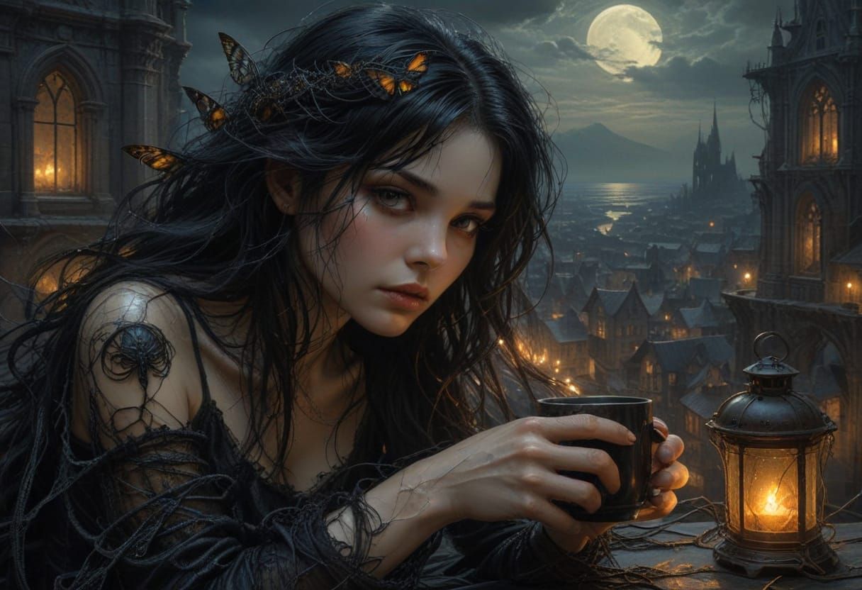 Moonlit Woman in Nets with Coffee Mug