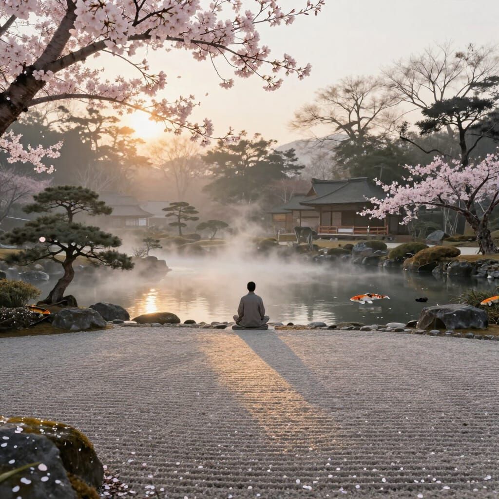 Serene Japanese Garden at Dawn with Meditating Figure