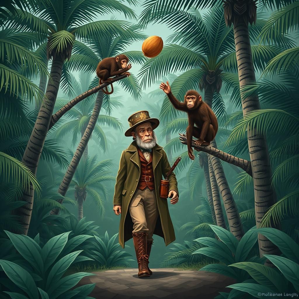 Victorian Explorer Targeted by Monkeys in Exotic Forest