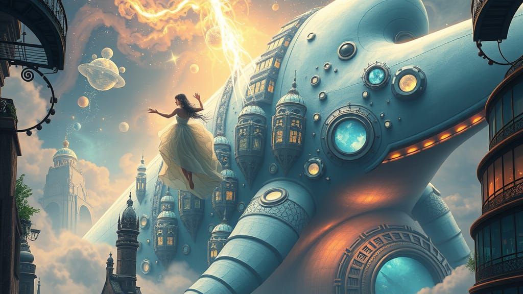 Celestial Woman In A Cosmic City On A Space Whale