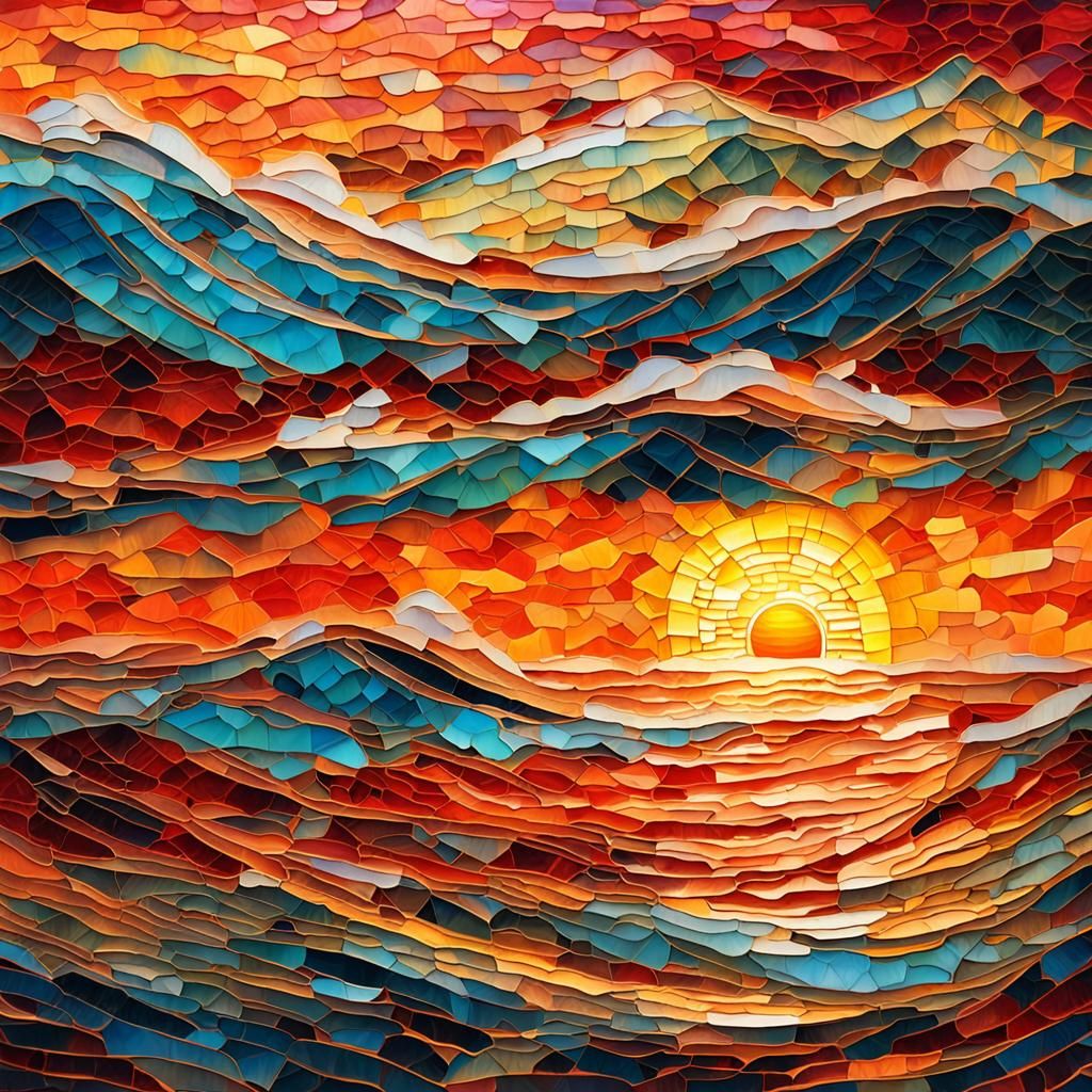 Ocean Sunset Mosaic in Mixed Media 8K