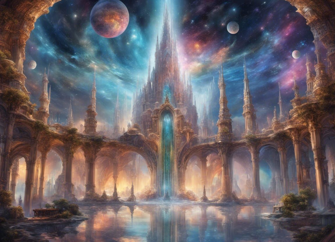 Grand enormous glittering crystal and light palace with skys...