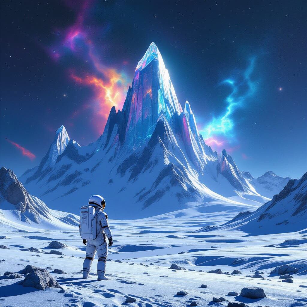 Astronaut Gazes at Crystalline Mountains on Alien Planet