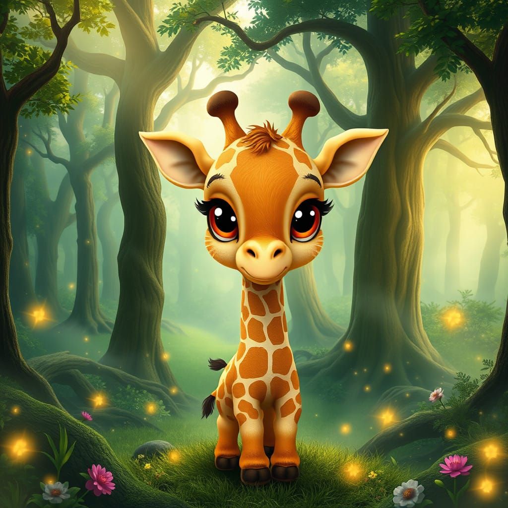Whimsical Chibi Giraffe in Ancient Forest Wonderland