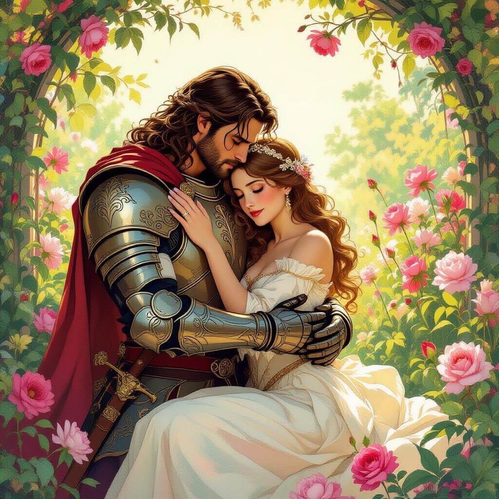 Warrior and Princess in Lush Garden, Art Nouveau Style