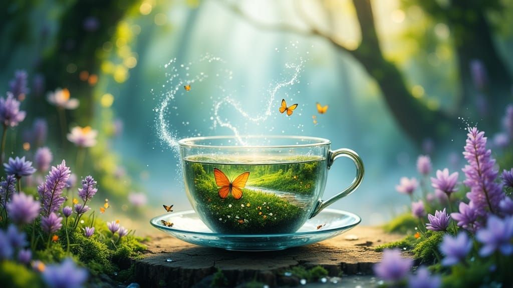 Miniature Garden Teacup with Butterflies in Ethereal Light
