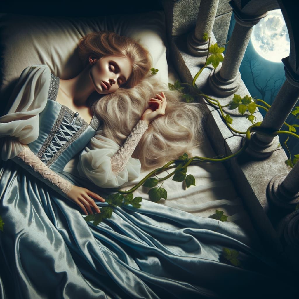 Sleeping Princess in Tower Room with Ethereal Beauty