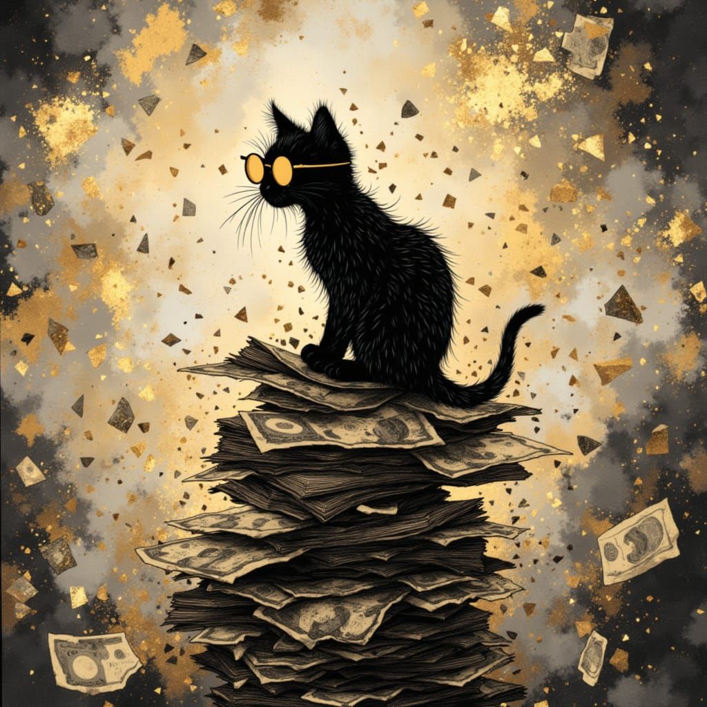 Whimsical Cat on Crumbling Banknotes in Black Ink Style