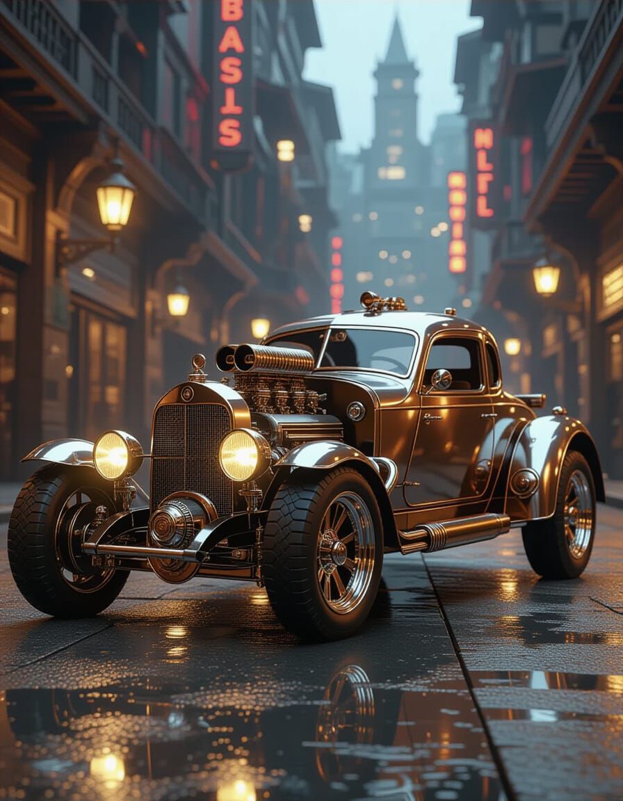 Intricate Steampunk Car with Polished Metal Details