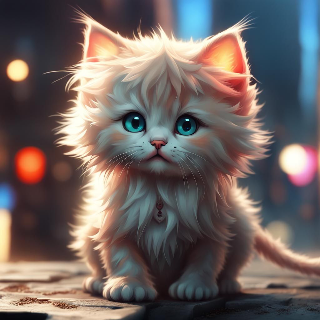 Chibi Kitten on Neon Roofs, Maximalist Art