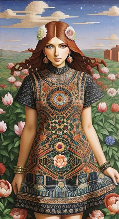 Geometric Peony Mosaic in Oil Gouache Style