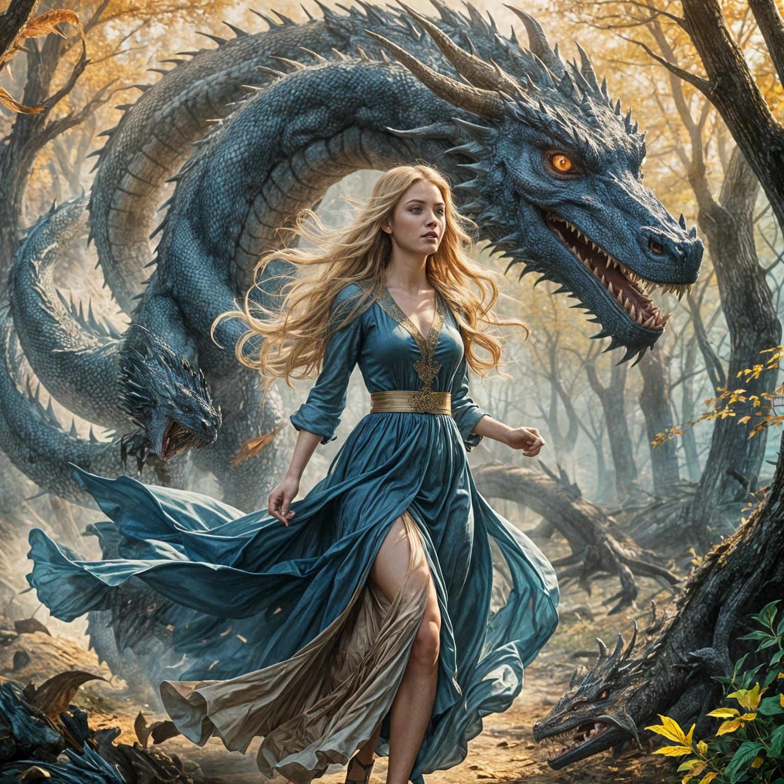Woman Running from Dragon in Digital Art