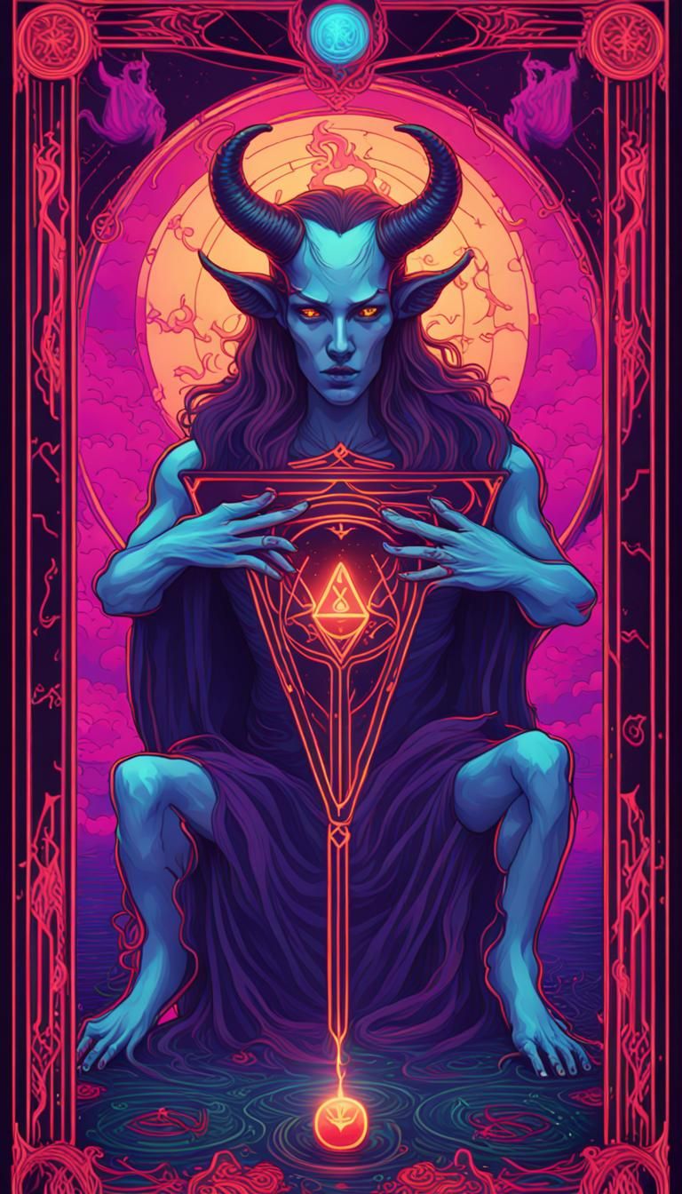 Vibrant Synthwave Devil Tarot Card with Alchemical Symbols