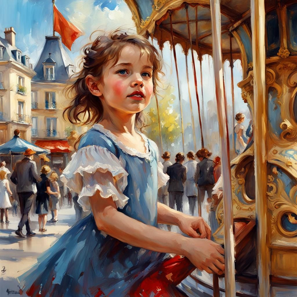 Children's Carousel in Paris, 3D Watercolor Painting