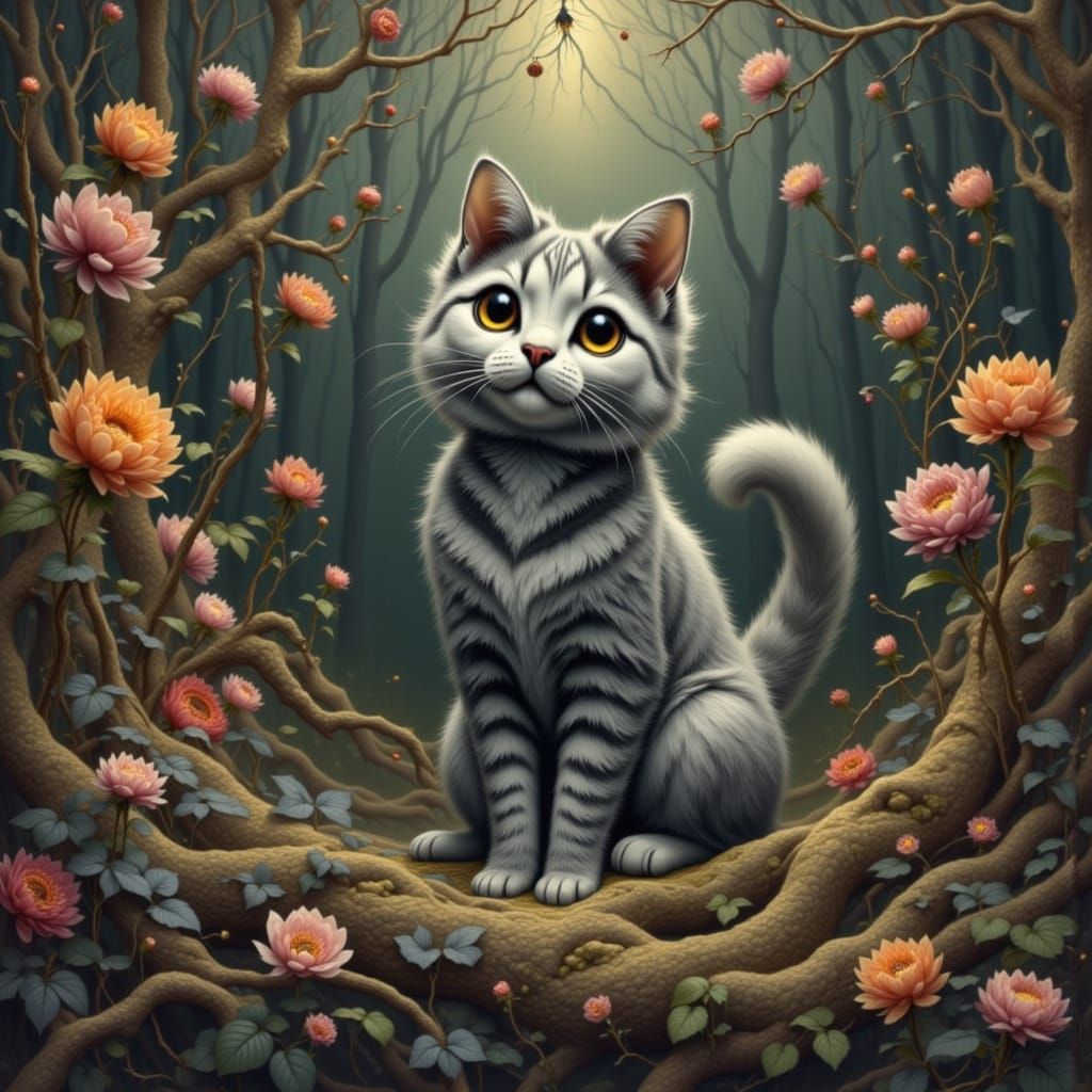 Whimsical Cat-Zebra Hybrid in Art Nouveau Style