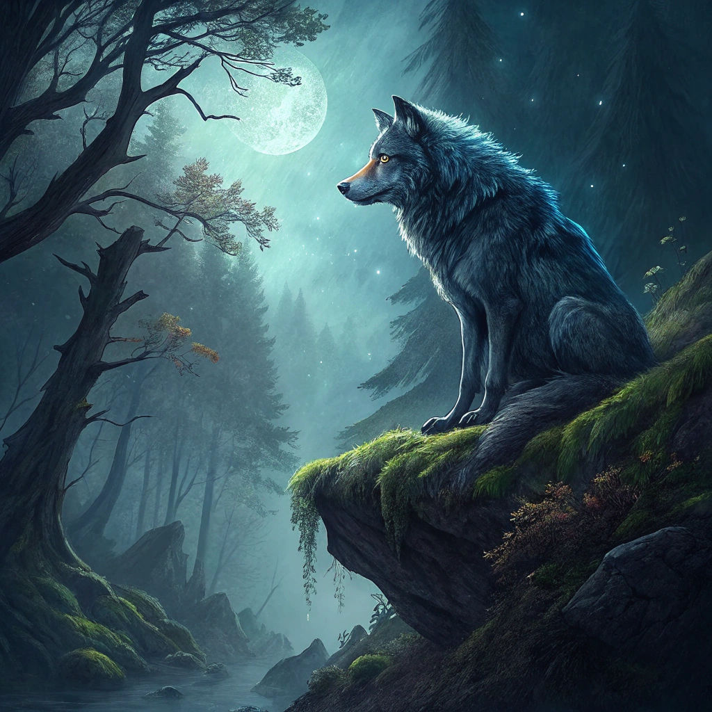Wolf on Cliff Edge in Dark Fantasy Forest