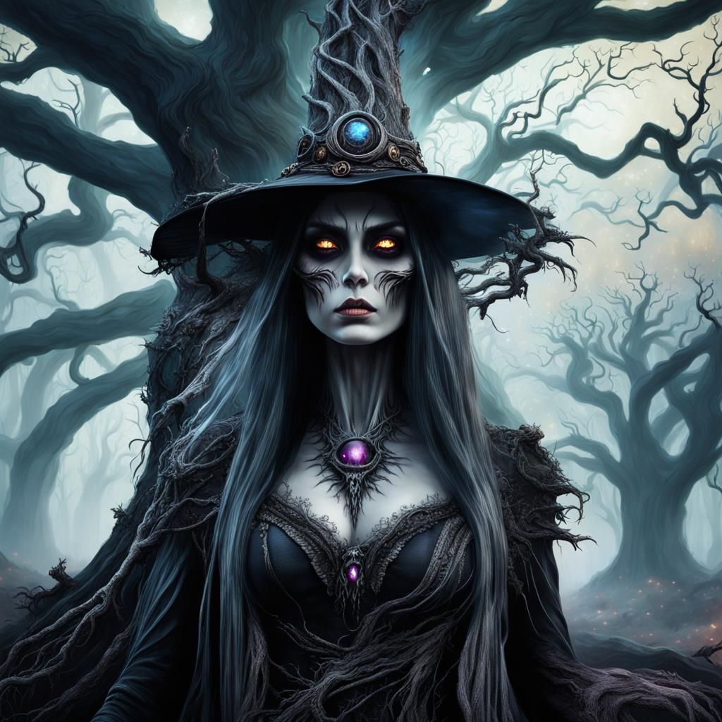 Zombie Witch Emerges from Haunted Tree, Digital Art