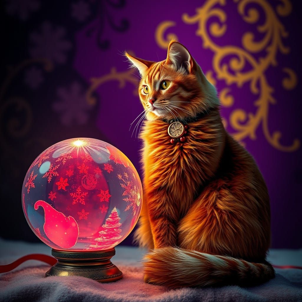 Regal Red and Green Cat Beside Shimmering Christmas Globe in...