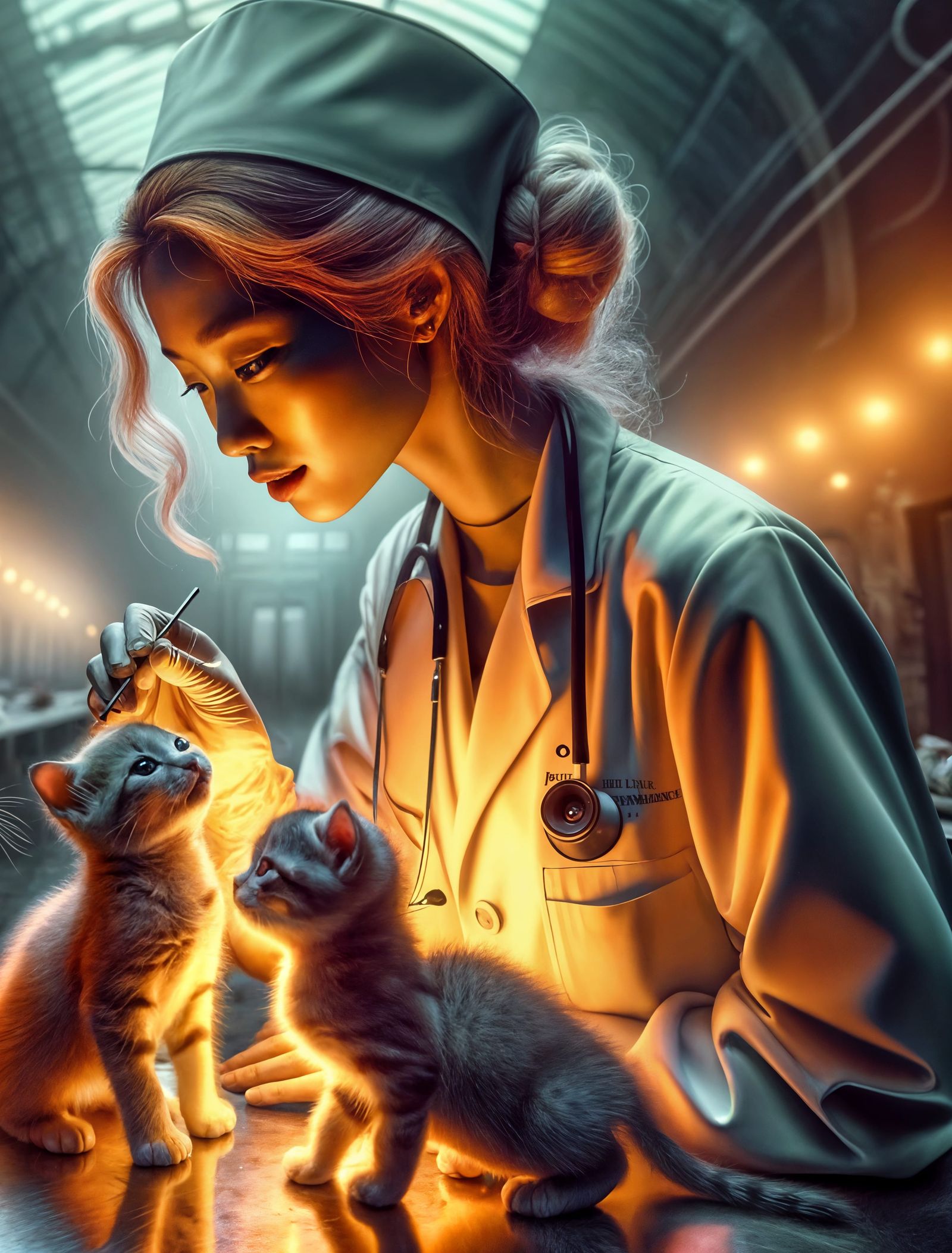 Caring Veterinarian with Kittens: Hyperrealistic Photograph