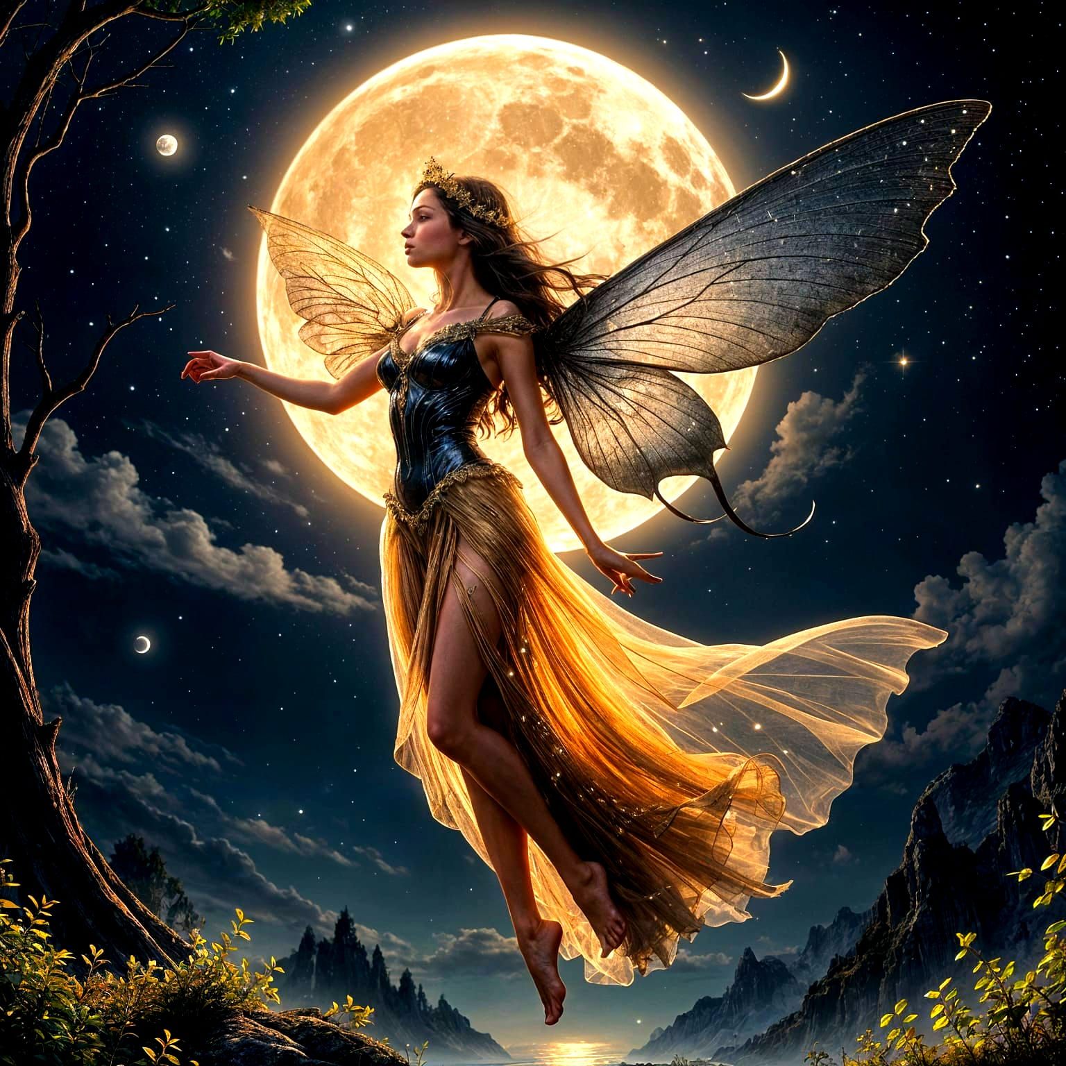 Fairy on Moth in Moonlight: Magical Realism