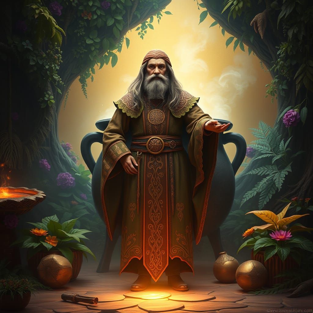 Mystical Druid Stands Before Cauldron of Abundance in Celtic...
