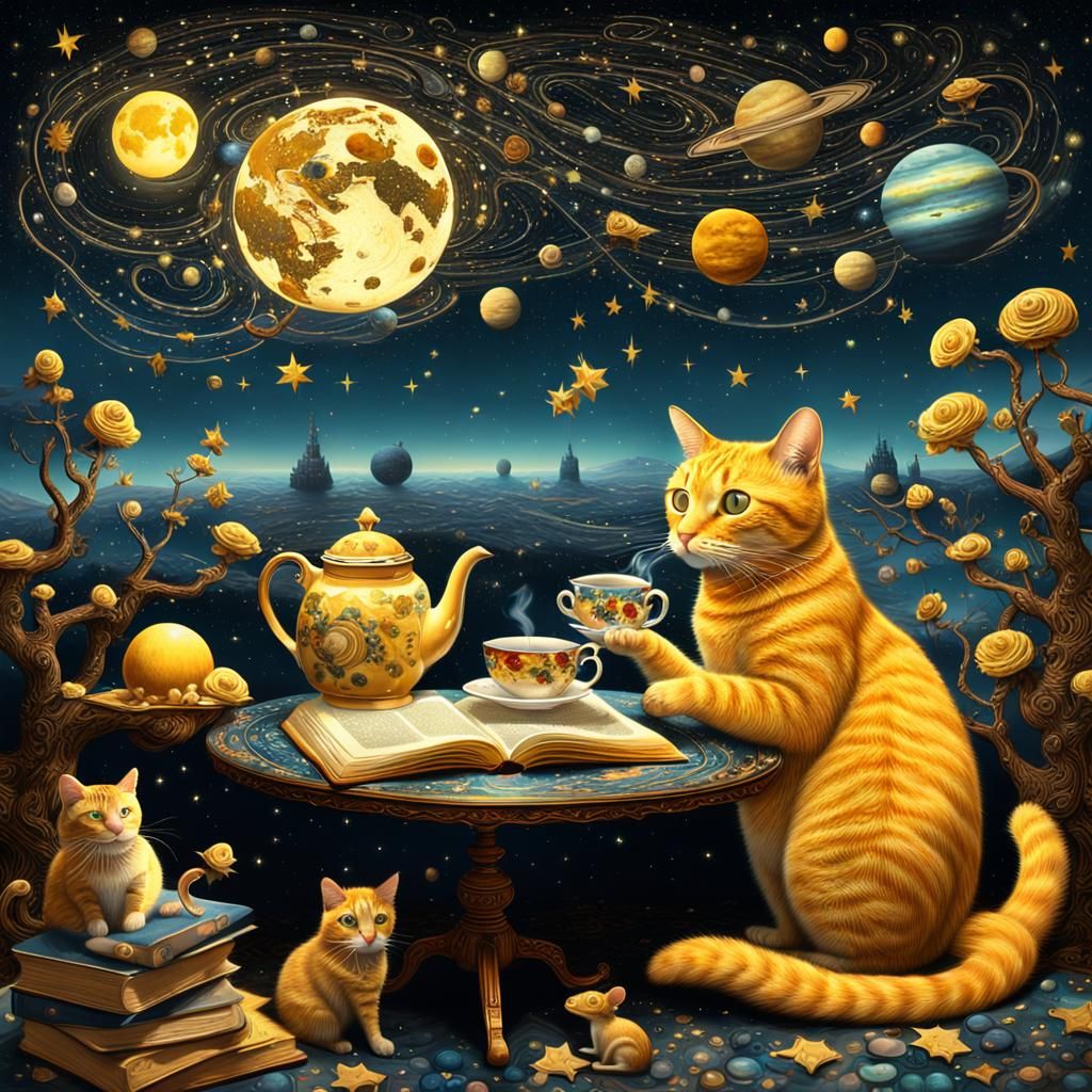 Yellow Cat's Starry Night Adventure: A Digital Painting