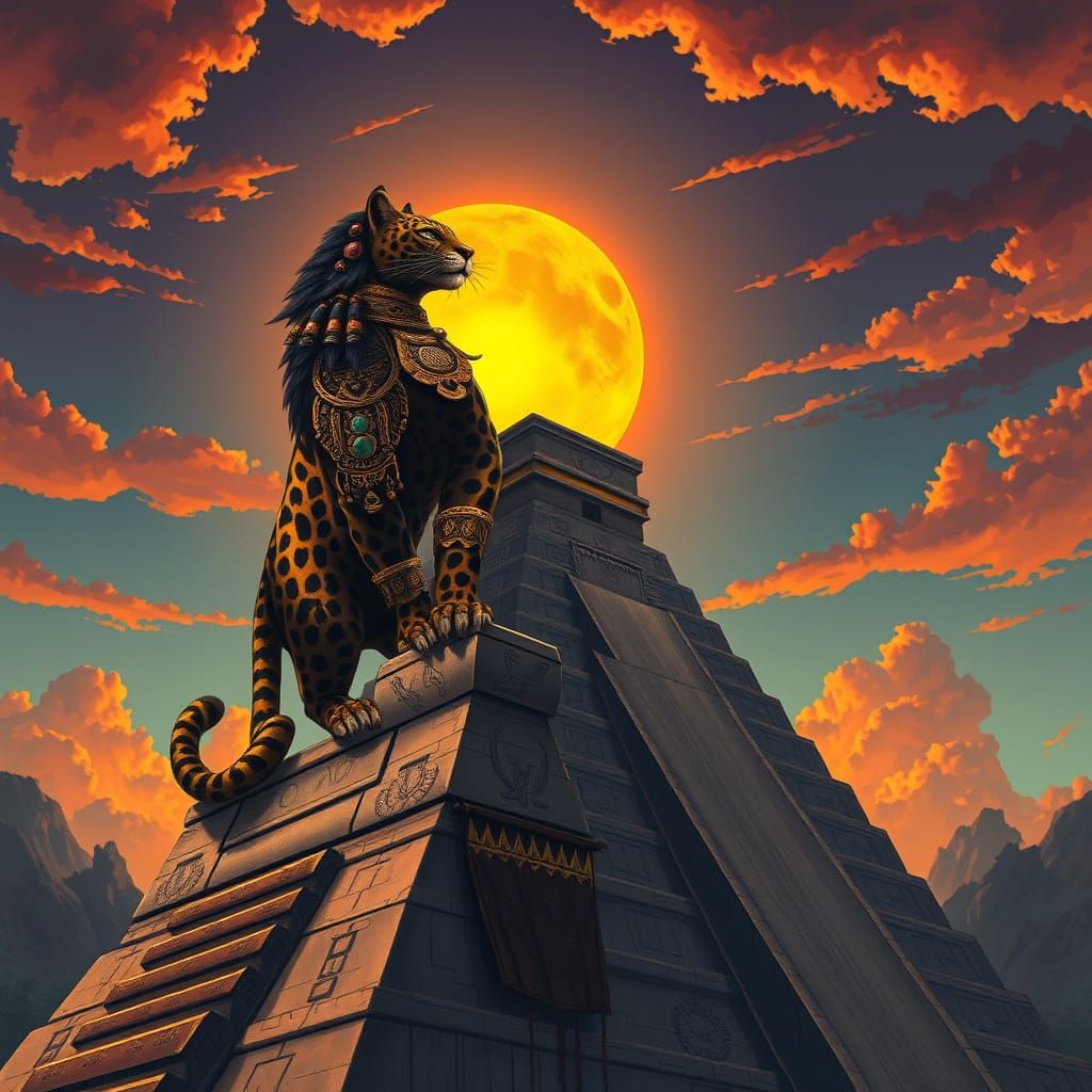 Majestic Aztec Jaguar Atop Pyramid