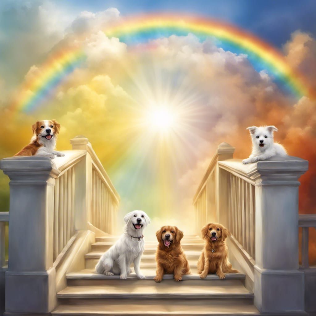 Realistic Pets Crossing Rainbow Bridge to Heaven