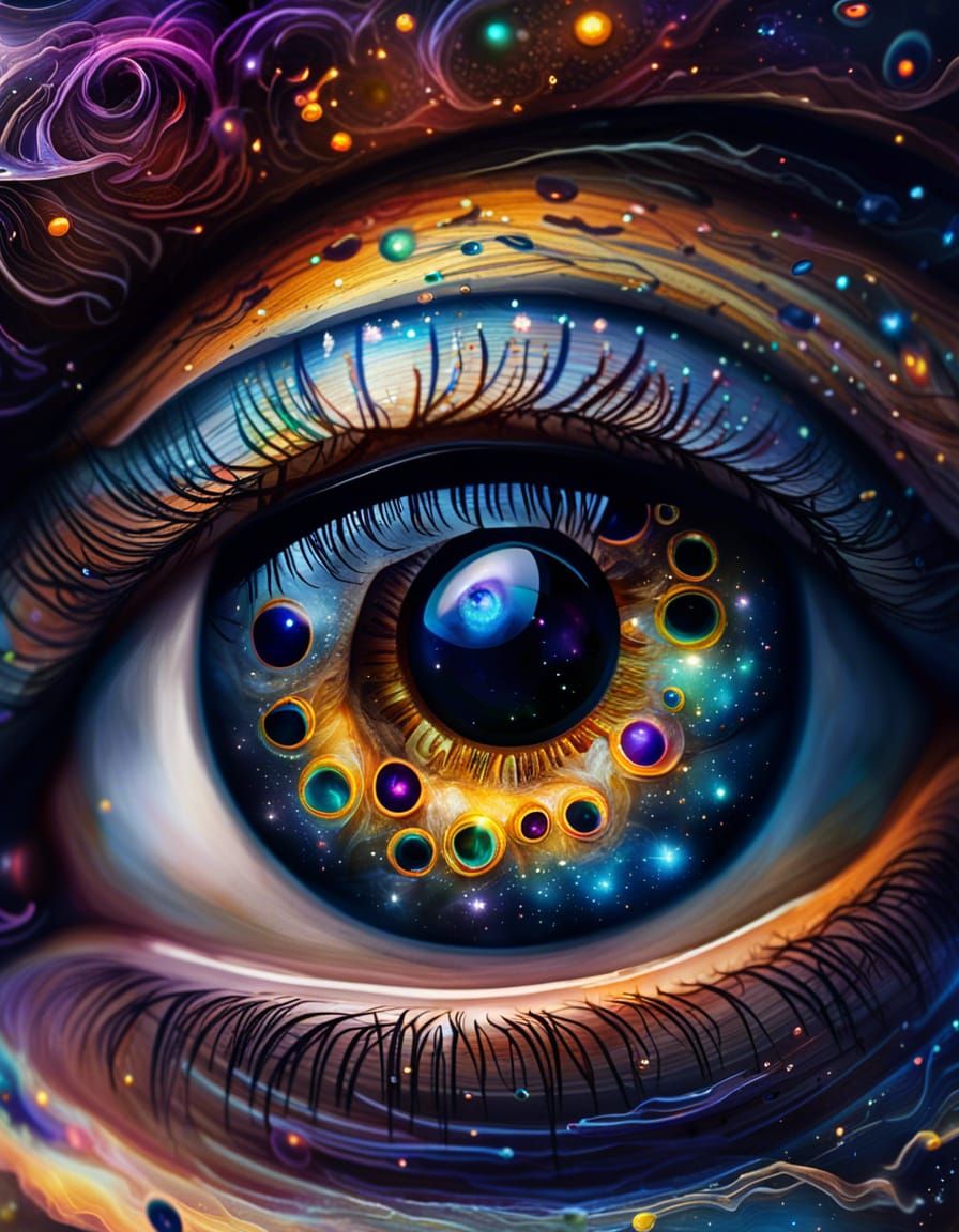 Photorealistic Eye with Galaxy and Musical Notes