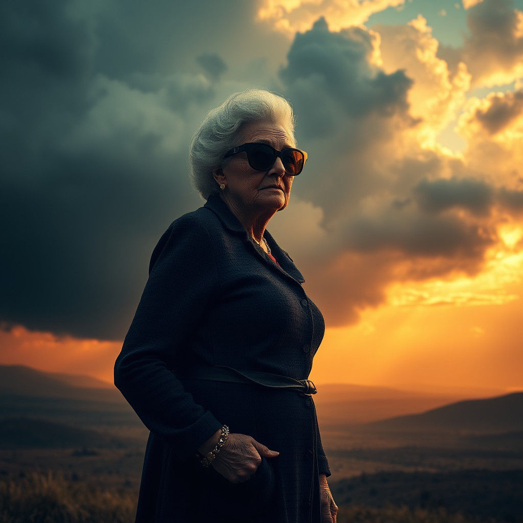 Confident Grandmother in Stormy Landscape, Digital Painting