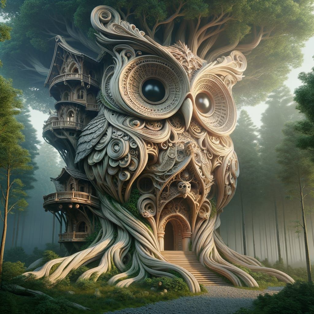 Owl Treehouse in Whimsical Fantasy Woodland