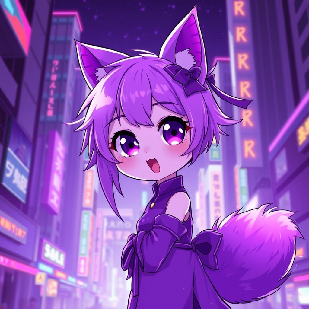 Futuristic Chibi Catgirl in Cyberpunk Cityscape