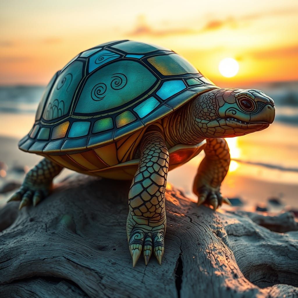 Tortle in Ethereal Stained Glass Shell, Standing on Driftwoo...
