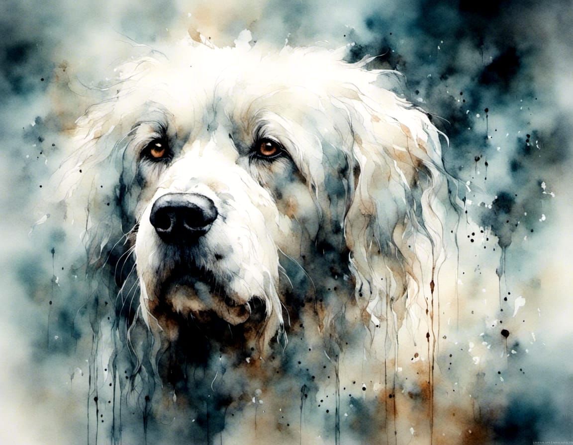 White Pyrinea Mountain Dog in Watercolor