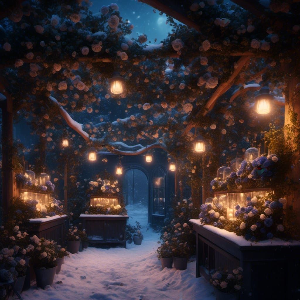 Blue Roses in Glass Bottles on Snowy Background