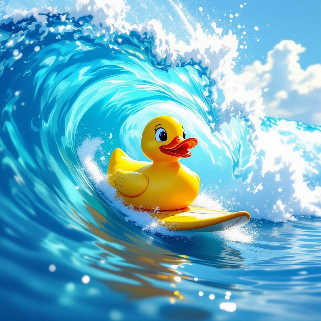 Rubber Duck Surfing a Giant Wave in Digital Art Style