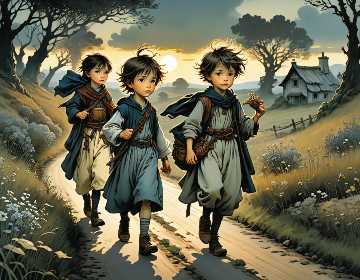 Siblings on a Country Road at Dusk in Whimsical Art Style