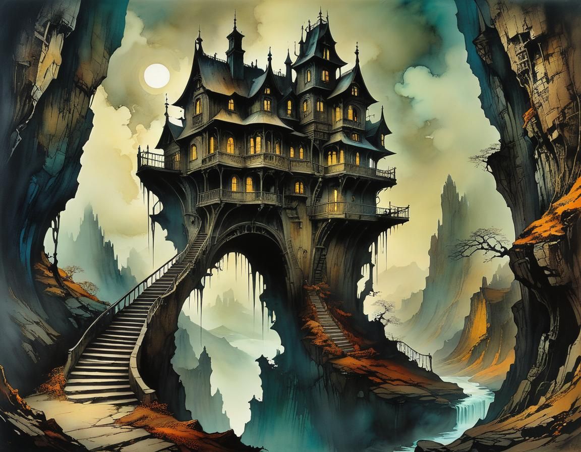 Retro-Futuristic Haunted House on a Cliff