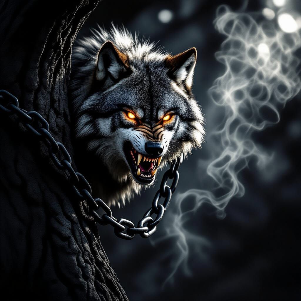 Fierce Wolf Chained to Ancient Oak in Dramatic Black and Whi...