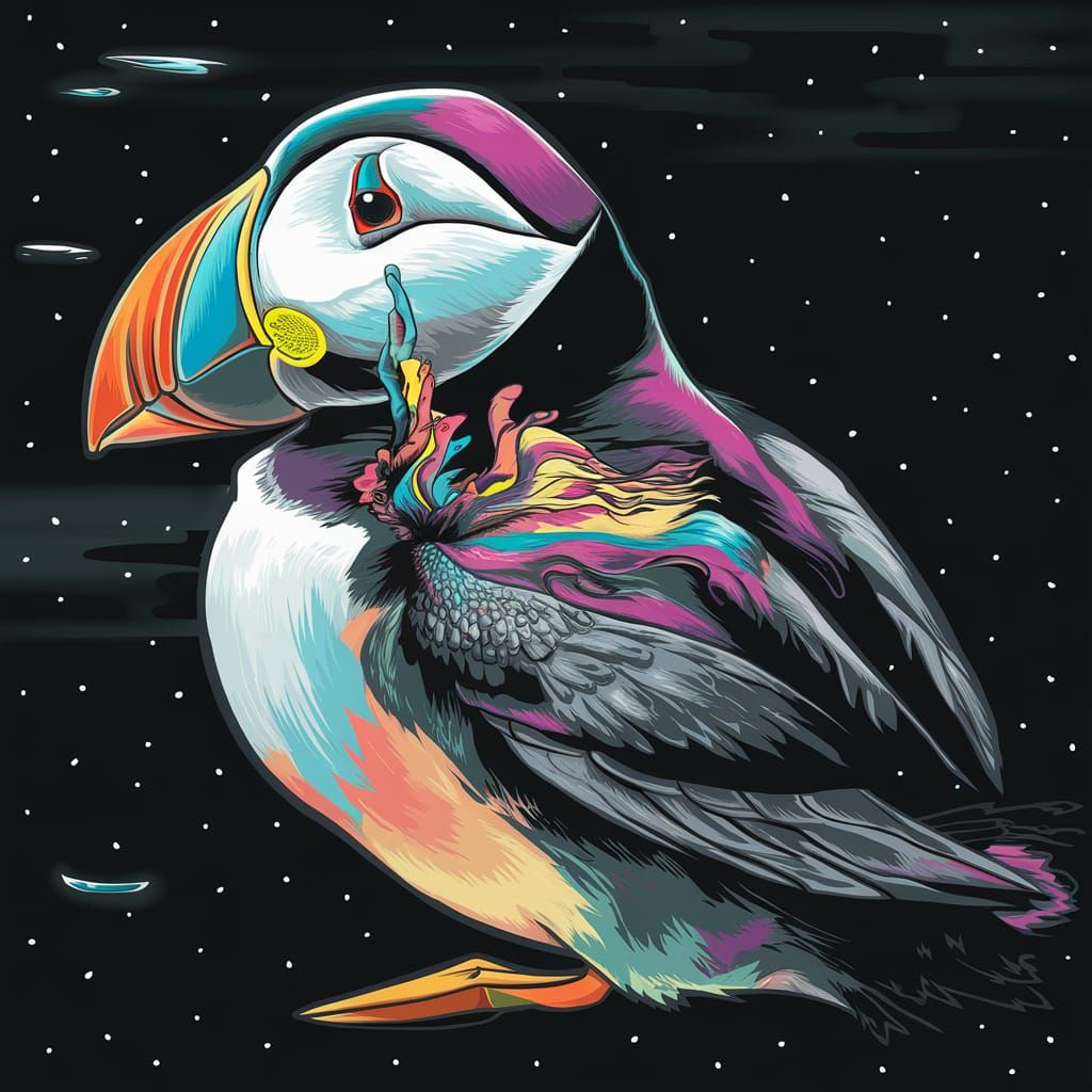 Psychedelic Puffin Flying Over Ocean