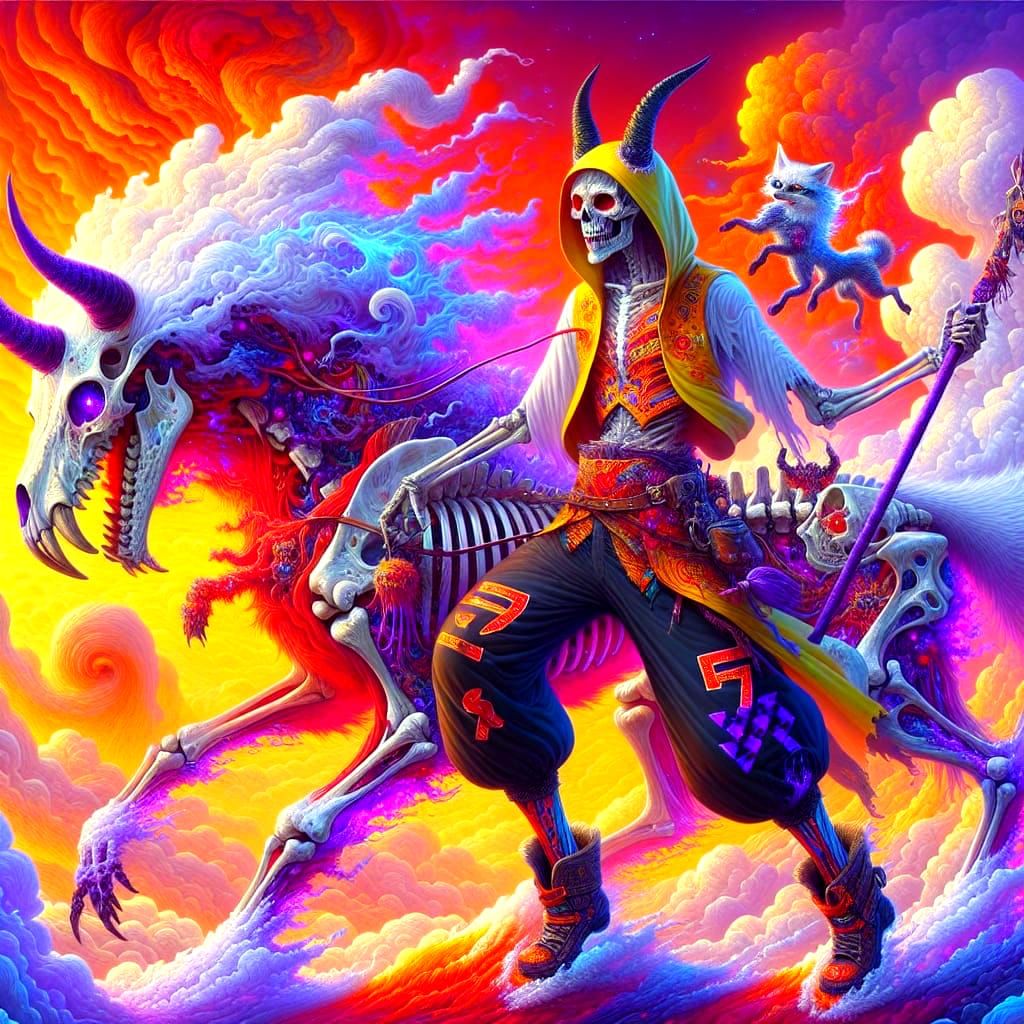 Mystical Skeleton Rides a Glowing Bone Fox through a Candy-C...