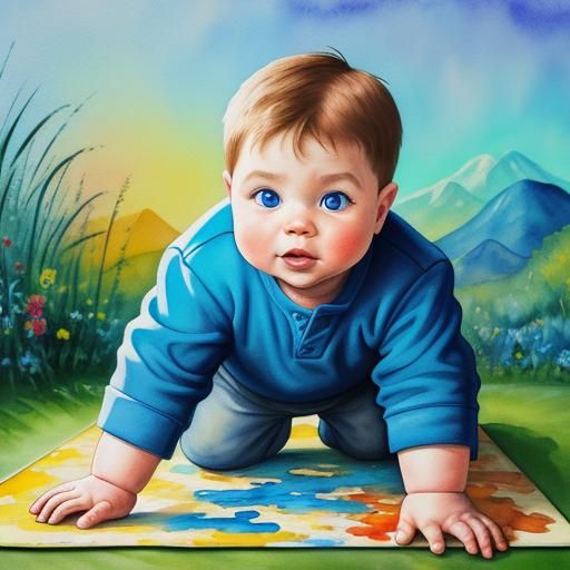Baby Crawling with Dad in Impressionist Gouache Style