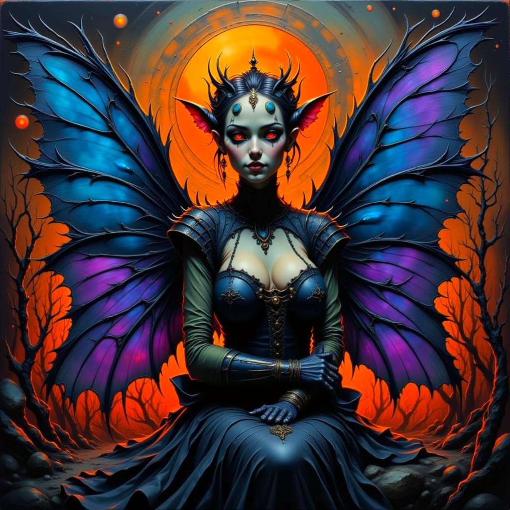 Surreal Fairy Goddess Smiles in Dark, Futuristic Surrounding...