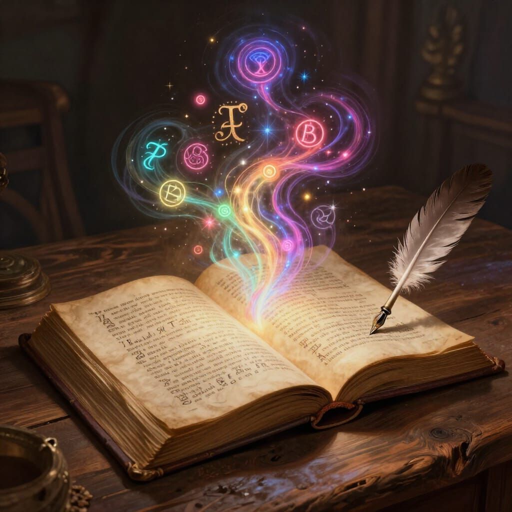 Ancient Spell Book With Magic Rising, Painterly Digital Art