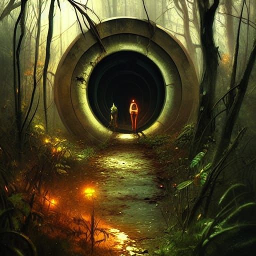Creepy Abandoned Tunnel in Forest, Hyperrealistic Painting