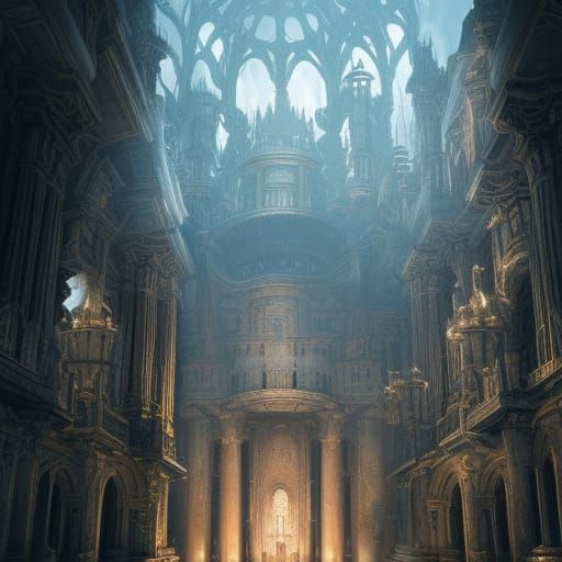 Dramatic Labyrinth with Intricate Carvings in Digital Art