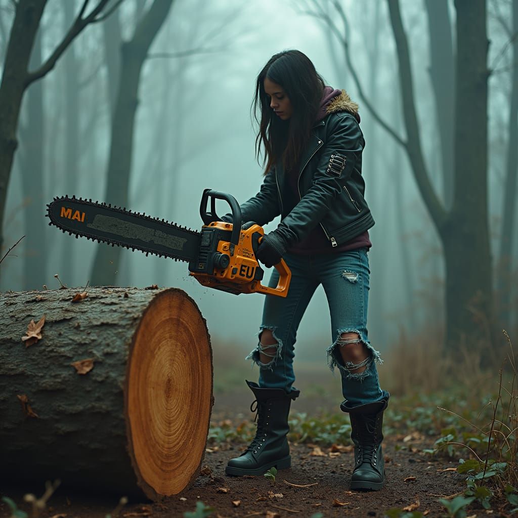Cyberpunk Woman Cuts Log in Misty Forest