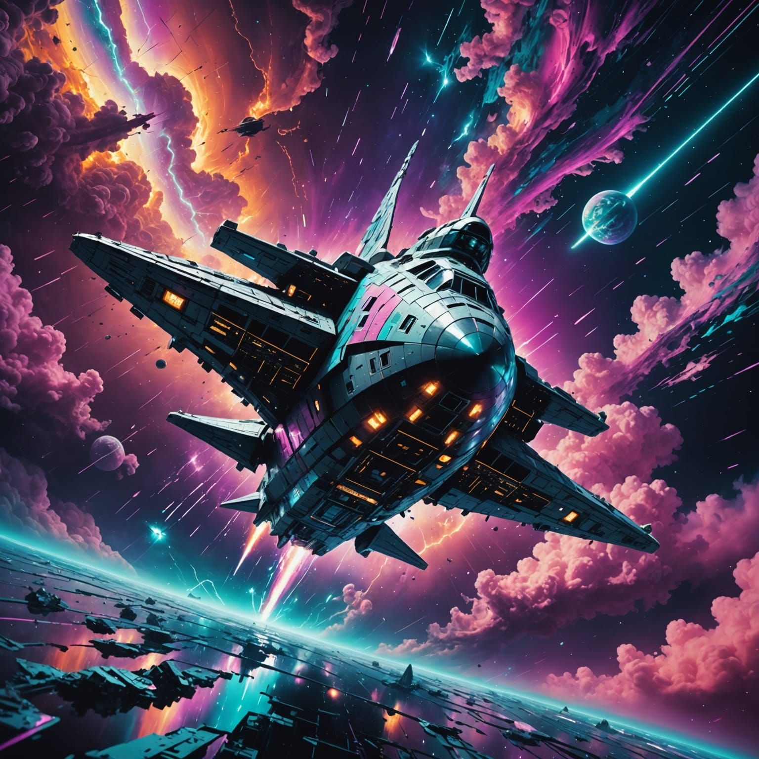Majestic Spaceship in Cosmic Storm, Glitch Art Style